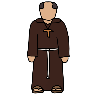 a person with light skin and a dark tonsure wearing a dark brown robe tied with white rope at the waist, sandals, and a tau pendant.